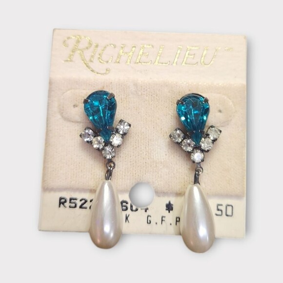 Vintage Richelieu Faux Pearl and Rhinestone Drop Earrings - Picture 1 of 3